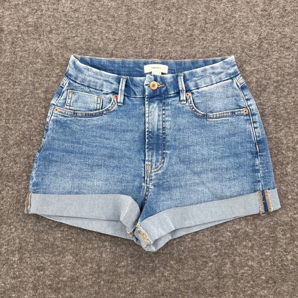 Forever 21 Women High Rise Cuffed Denim Shorts Blue Medium Wash Size 27 festival
